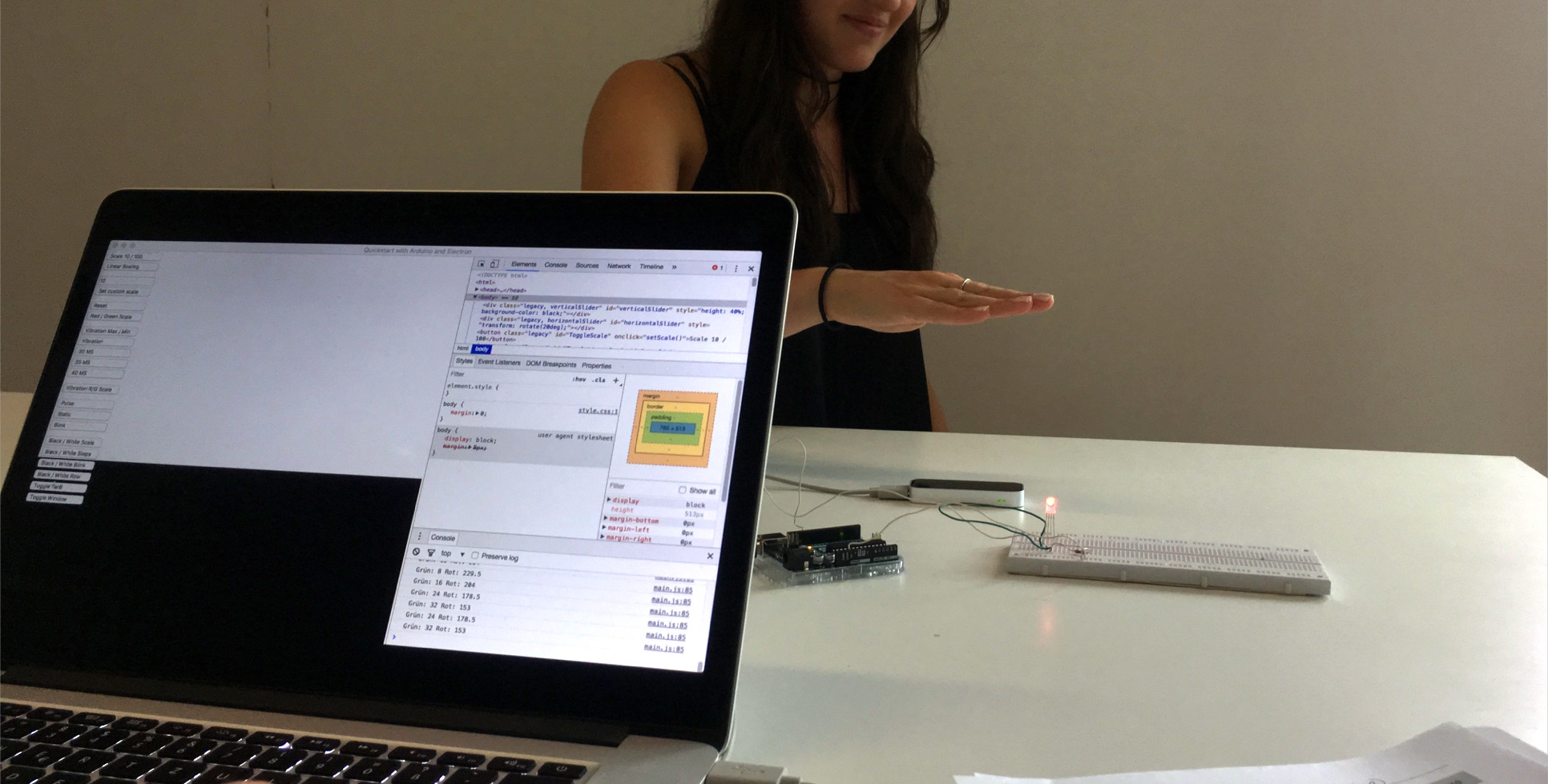 Sprint result: Early experiment with exposed Arduino and breadboard with LED.